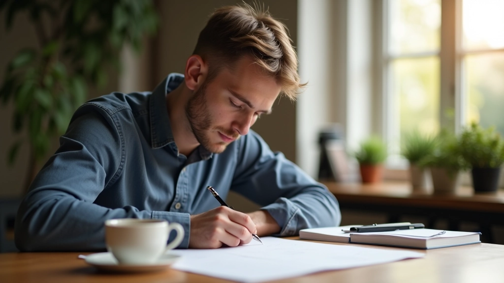 Persoon die nadenkt en aantekeningen maakt aan een bureau met kopje thee