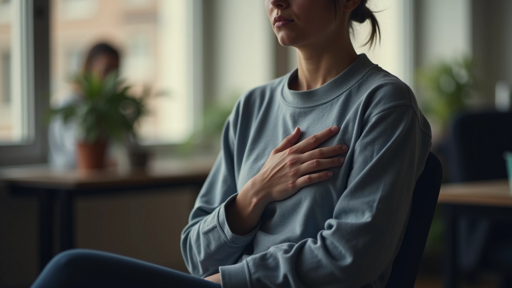 Persoon zit in rust, hand op hart, moment van zelfbewustzijn en introspectie