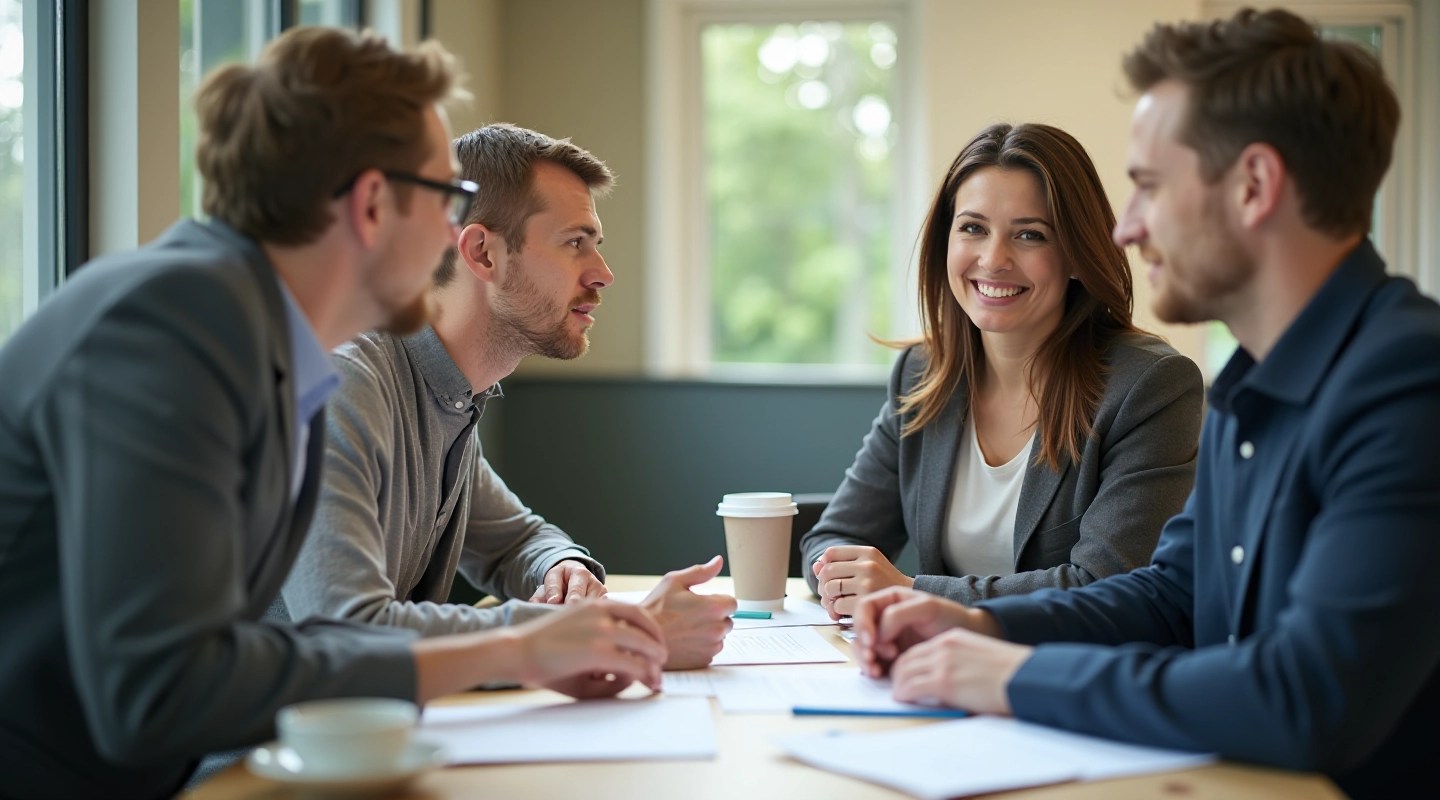 Twee collega's voeren een constructief gesprek aan een tafel met notities