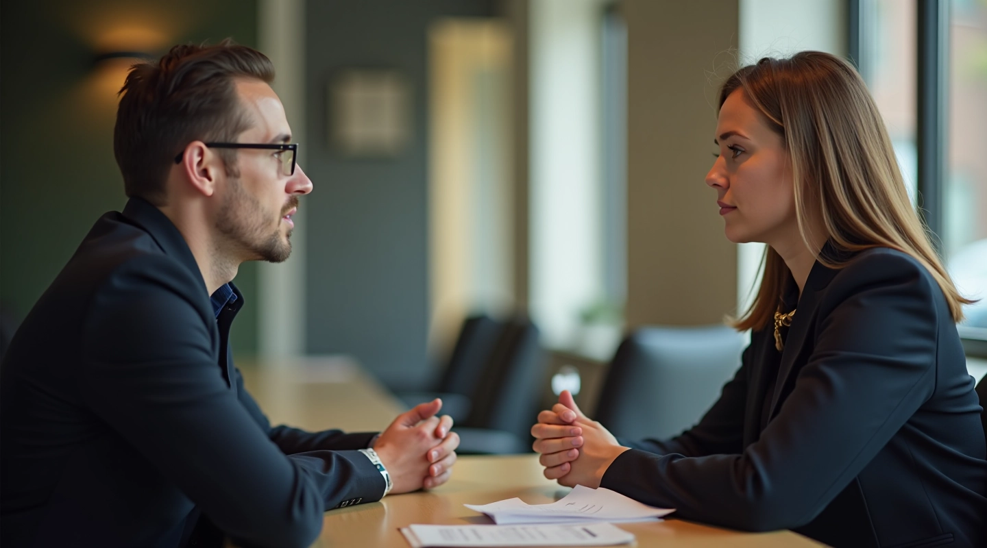Twee professionals in gesprek met elkaar, luisteren en communicatie in teamomgeving